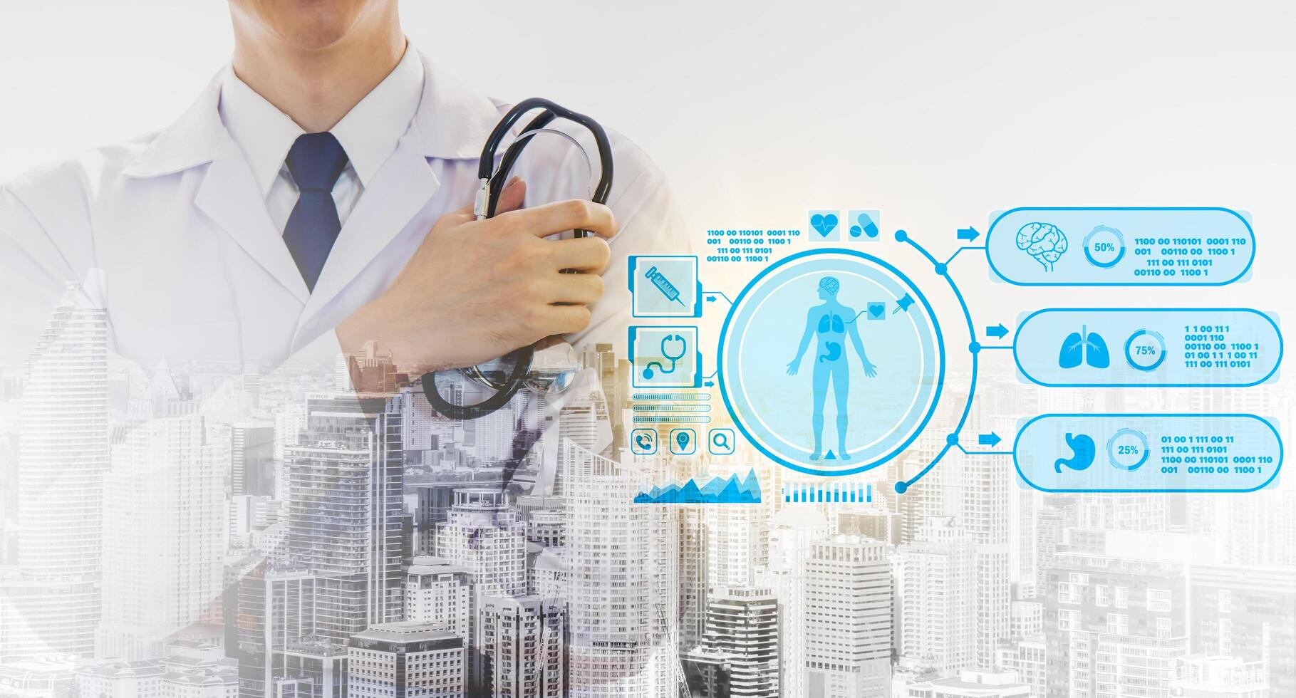 Doctor standing outdoors with cityshows digital healthcare and medical equipment icons, Brain Analysis, DNA, medical technology and futuristic concept, The concept of treatment from disease photo