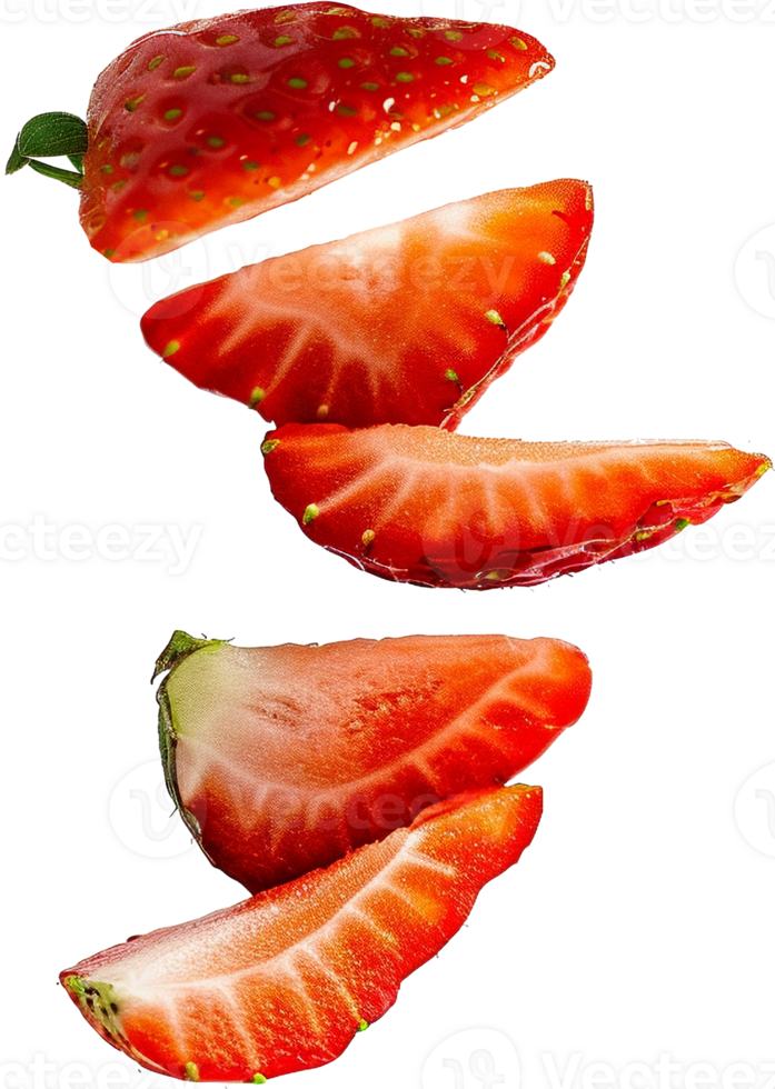 Sliced strawberries splash floating in air isolated in transparent background for packaging, poster, nutrition label, fresh ripe red strawberry png
