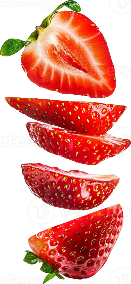 Sliced strawberries splash floating in air isolated in transparent background for packaging, poster, nutrition label, fresh ripe red strawberry png