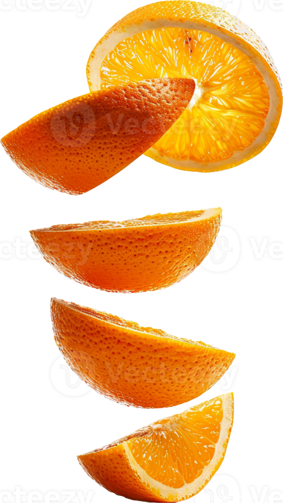 Sliced orange, citrus, tangerine, mandarin, splash floating in air isolated in transparent background for packaging, poster, nutrition label, fresh ripe oranges png