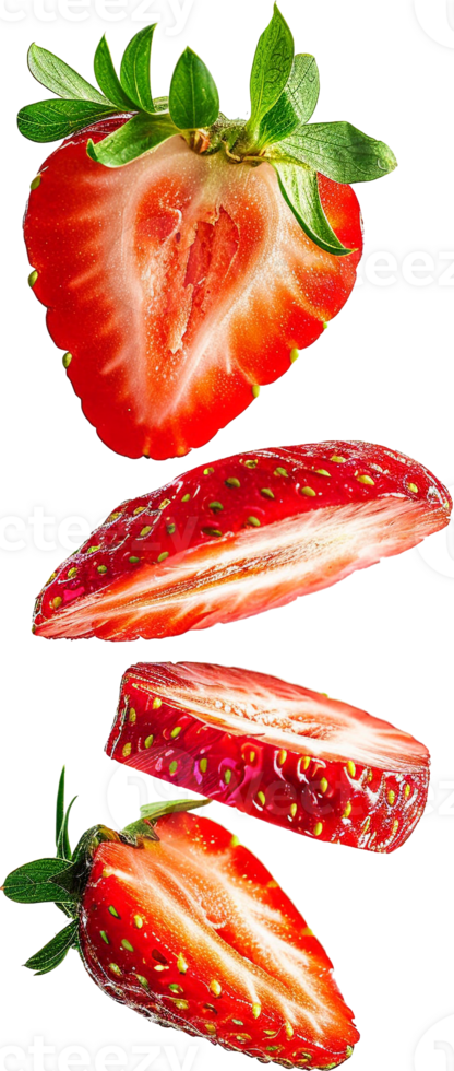 Sliced strawberries splash floating in air isolated in transparent background for packaging, poster, nutrition label, fresh ripe red strawberry png