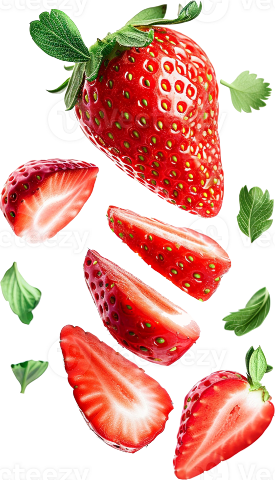 Sliced strawberries splash floating in air isolated in transparent background for packaging, poster, nutrition label, fresh ripe red strawberry png