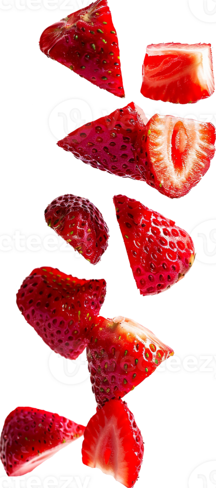 Sliced strawberries splash floating in air isolated in transparent background for packaging, poster, nutrition label, fresh ripe red strawberry png