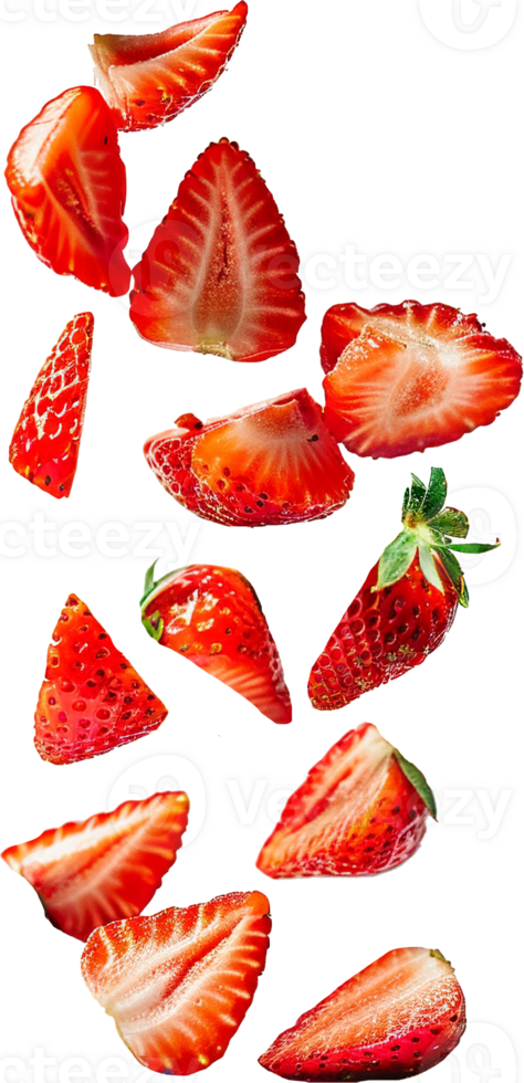 Sliced strawberries splash floating in air isolated in transparent background for packaging, poster, nutrition label, fresh ripe red strawberry png