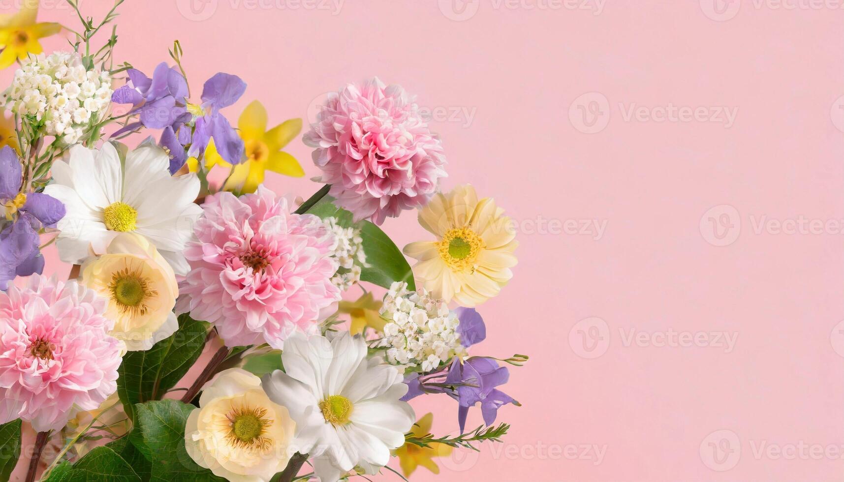 Beautiful spring flowers on light pink background. Top view photo