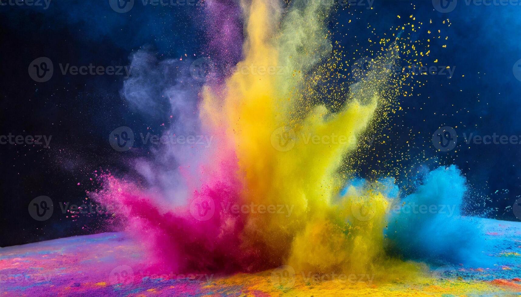 Multicolored powder paint explodes in the air. Abstract brightly colored haze for Holi festival. photo