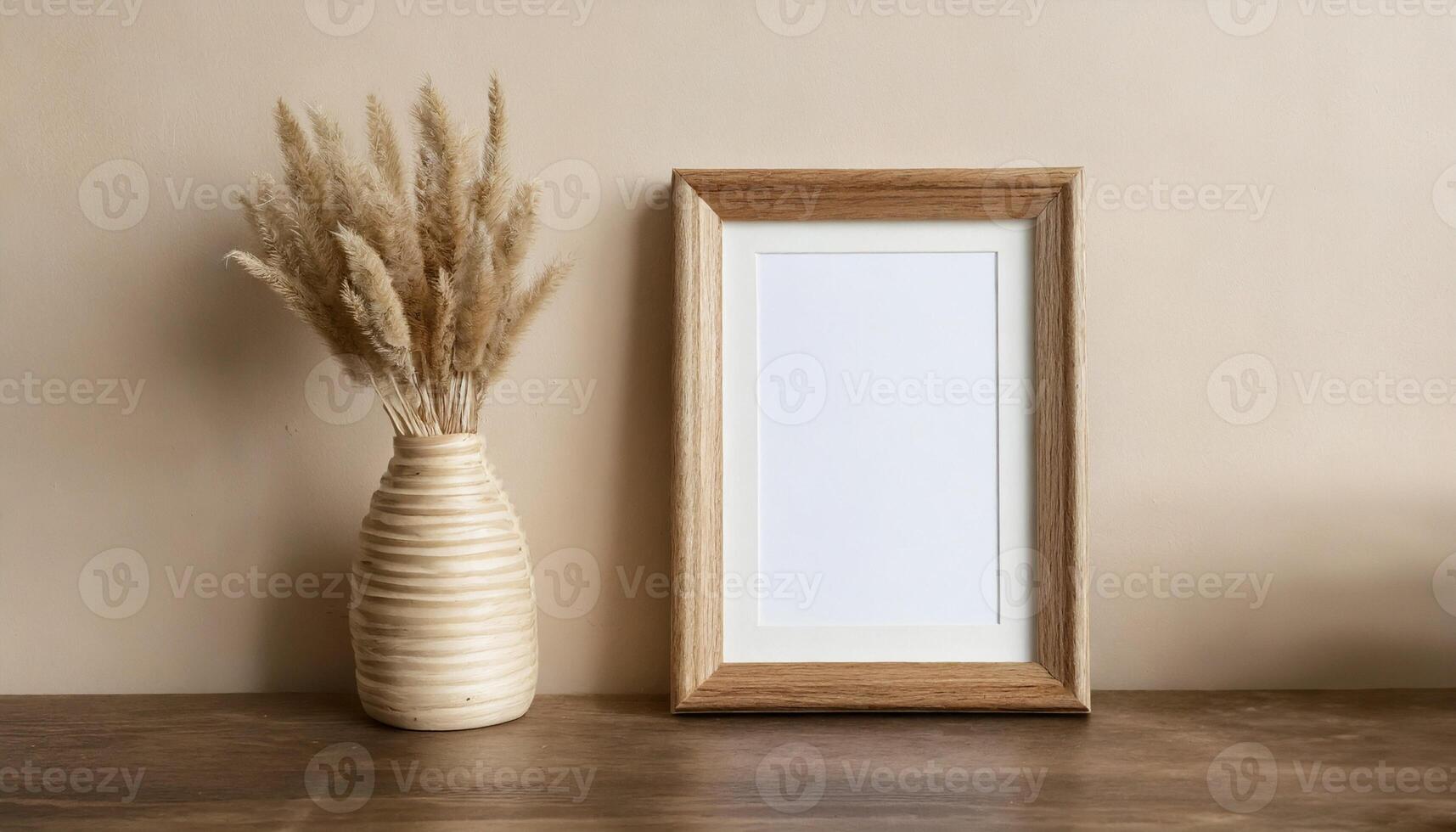 Brown wooden frame with poster mock up and dry reed in vase on table. photo
