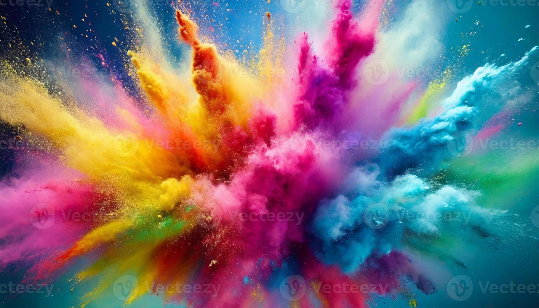 Multicolored powder explodes in the air. Abstract colored haze for Holi festival. photo