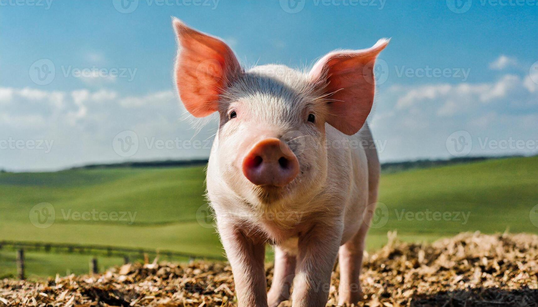 Young pink pig standing and looking at camera. Domestic animal. Farming concept. photo