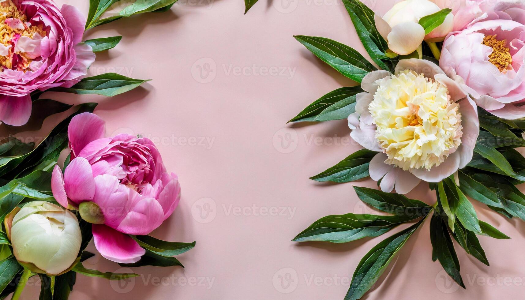 Beautiful peonies on light pink background. Spring flowers. Flat lay photo