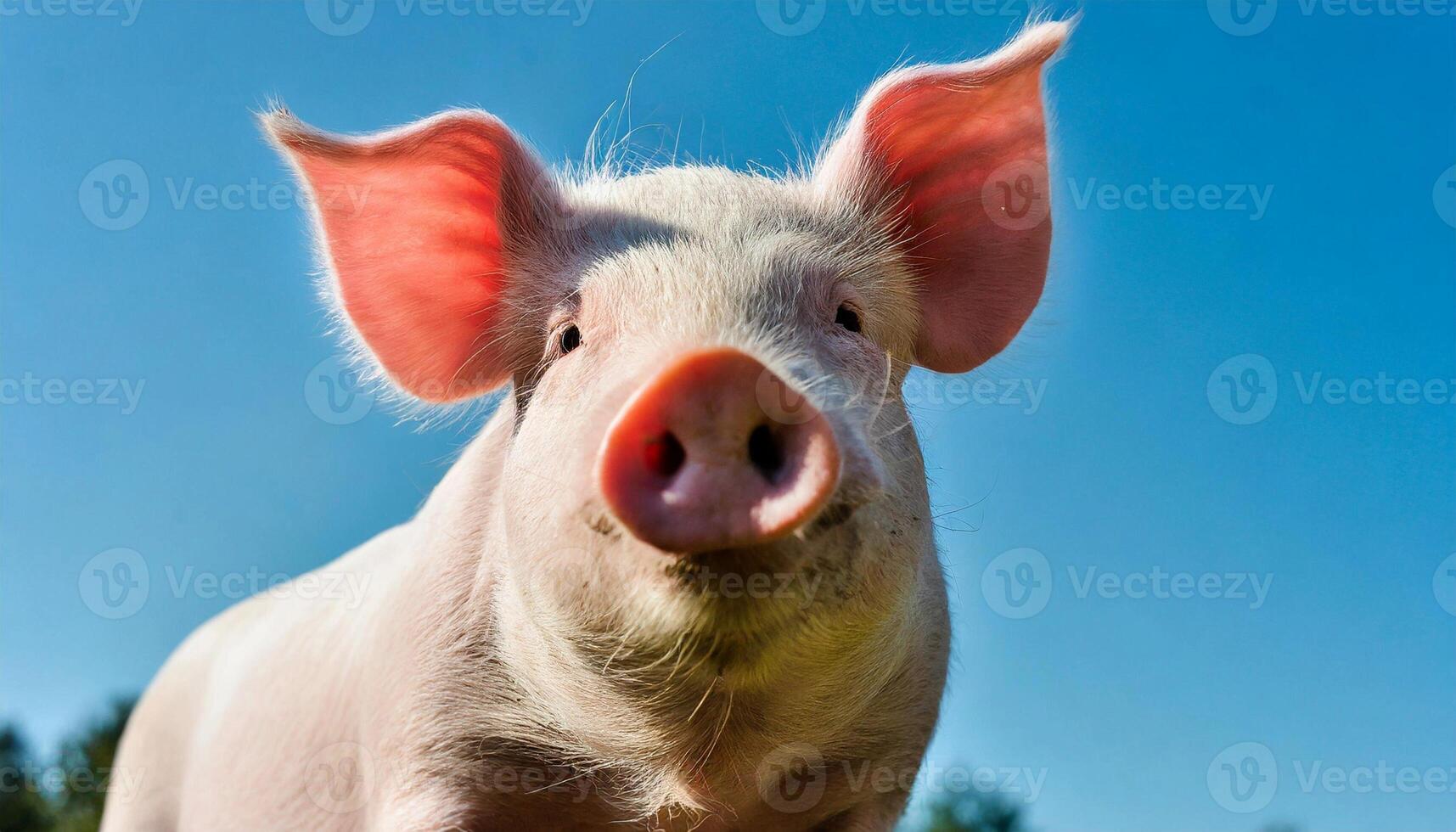 Young pink pig standing and looking at camera. Domestic animal. Farming concept. photo