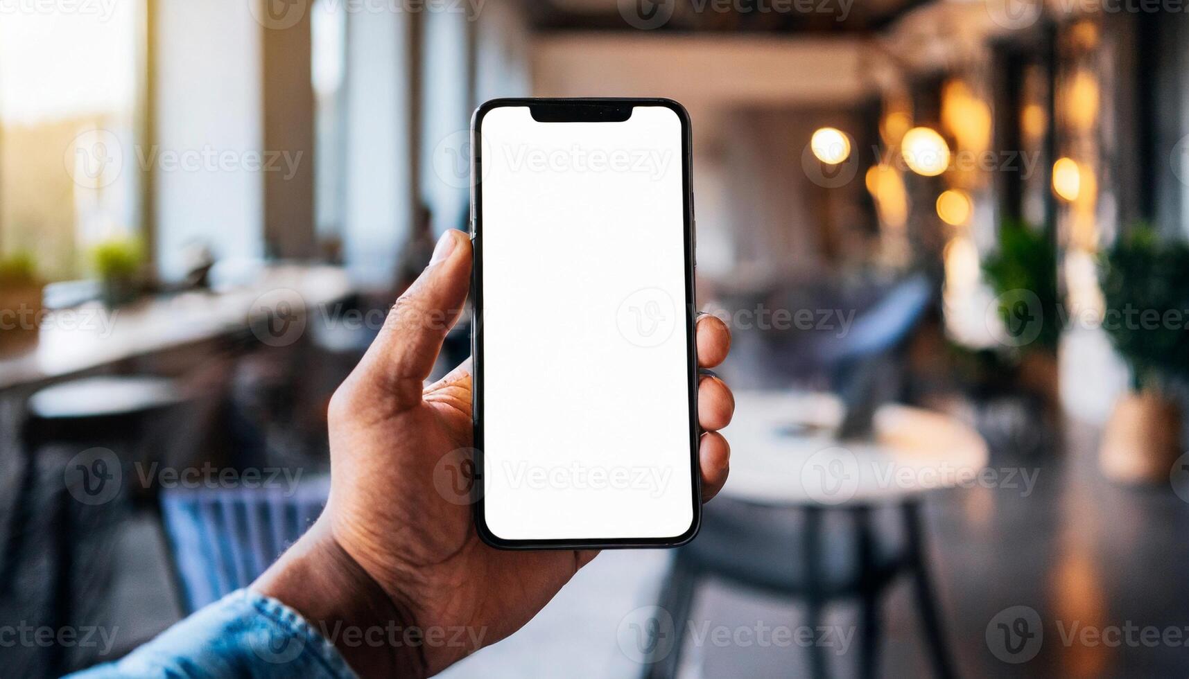 Men hand holding smartphone with blank mockup screen in front of blurred background of restaurant photo