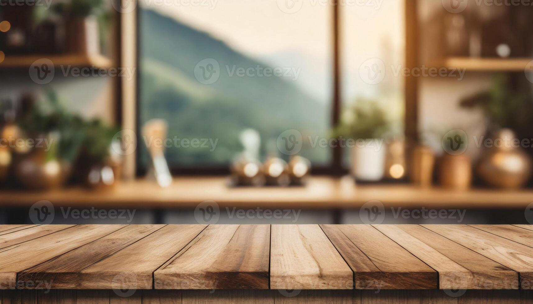 Empty wooden table in front of blurred background of kitchen. Image for display or montage products photo