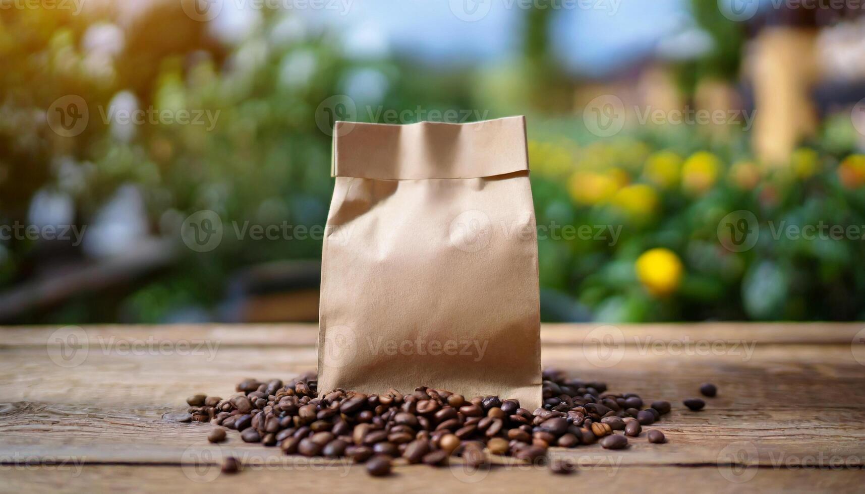 Blank craft paper bag with coffee beans on wooden table. Blurred natural backdrop. Mock-up photo