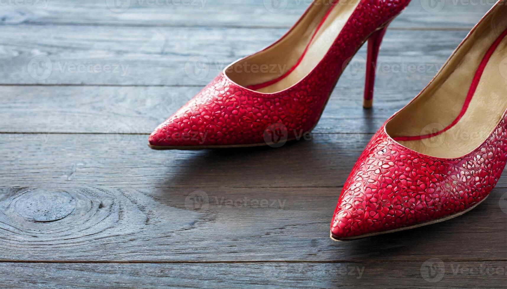 Stylish red leather high heel shoes on wooden floor. Woman footwear. Fashion boutique. photo
