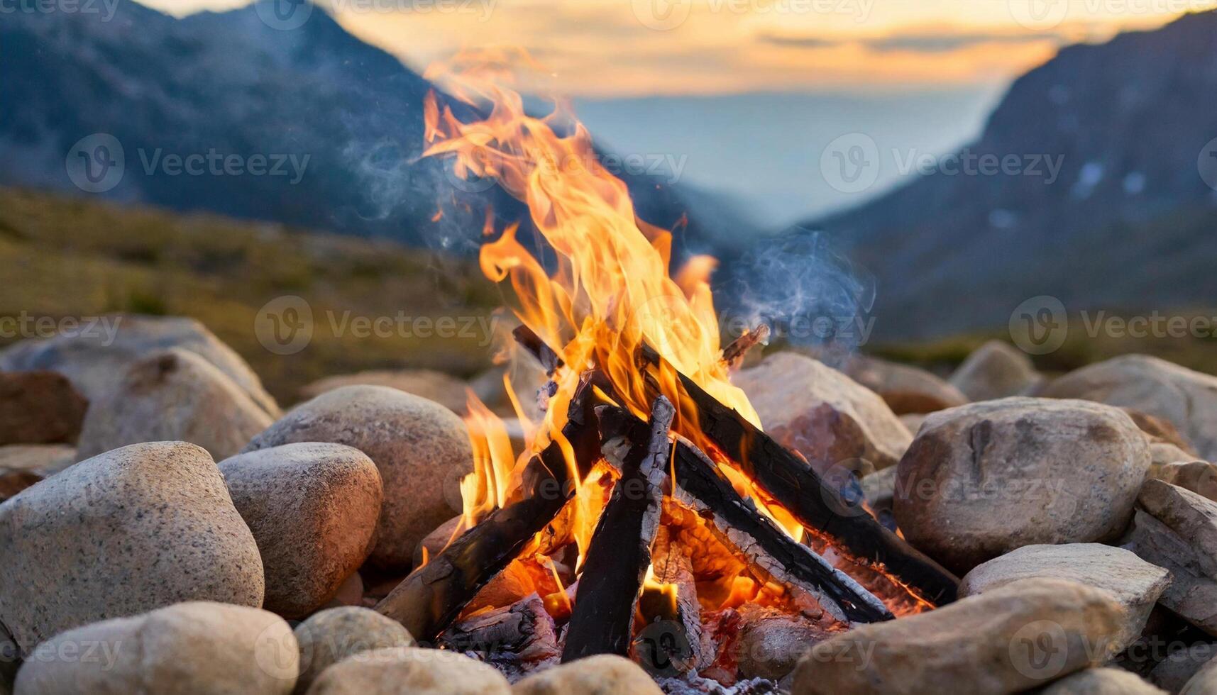 Campfire bonfire surrounded by rocks. Burning logs. Tongues of flame. Wood charcoal. Mountain landscape photo