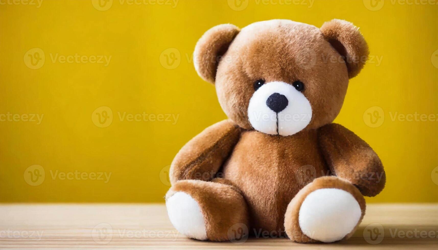 Beautiful brown bear, wool toy sitting, bright yellow backdrop. photo