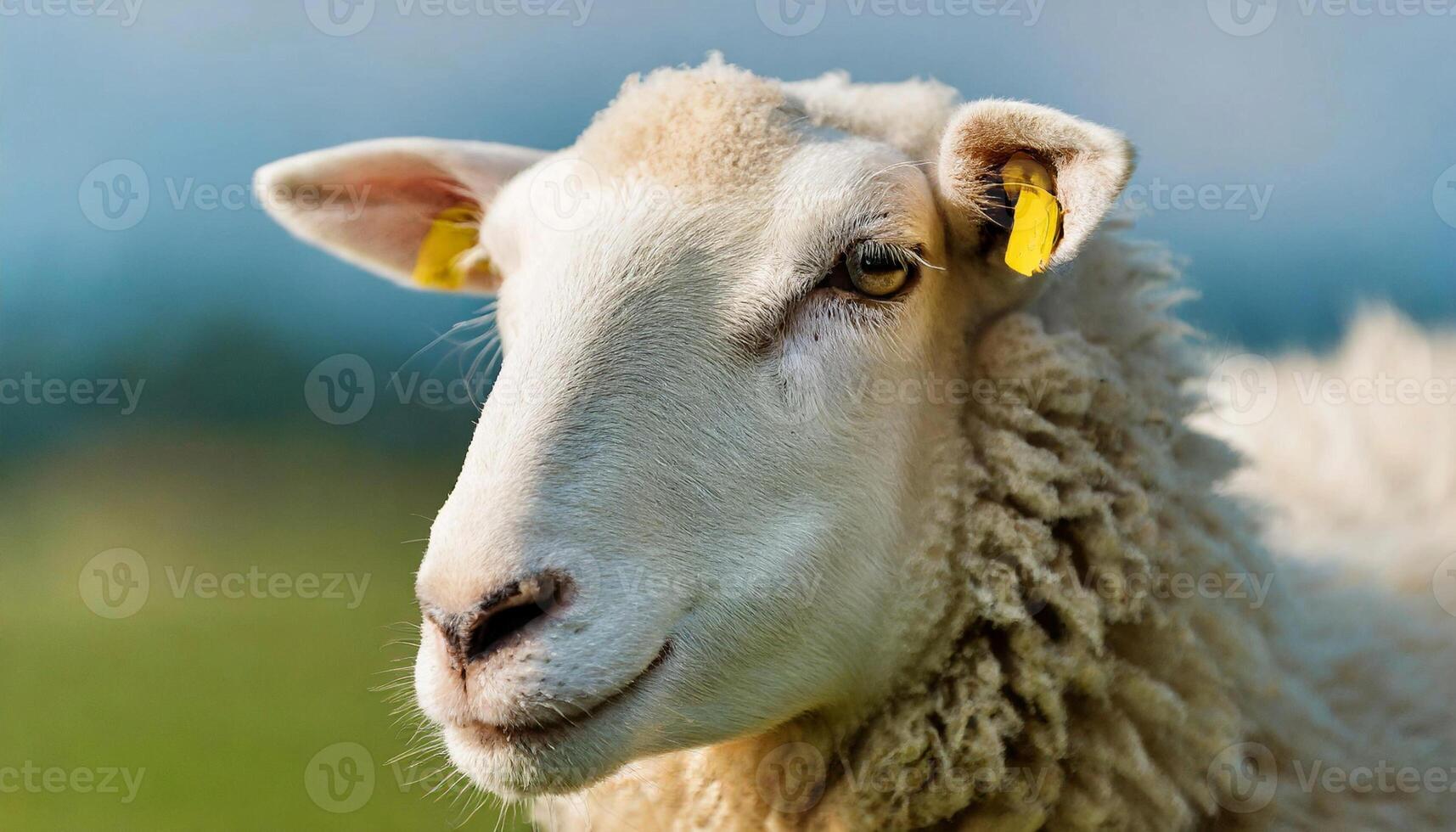 White fluffy sheep looking at camera. Young domestic animal. photo