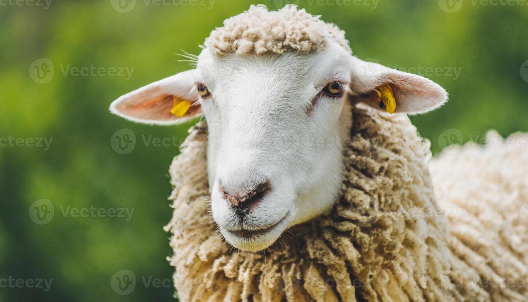 White fluffy sheep looking at camera. Young domestic animal. photo