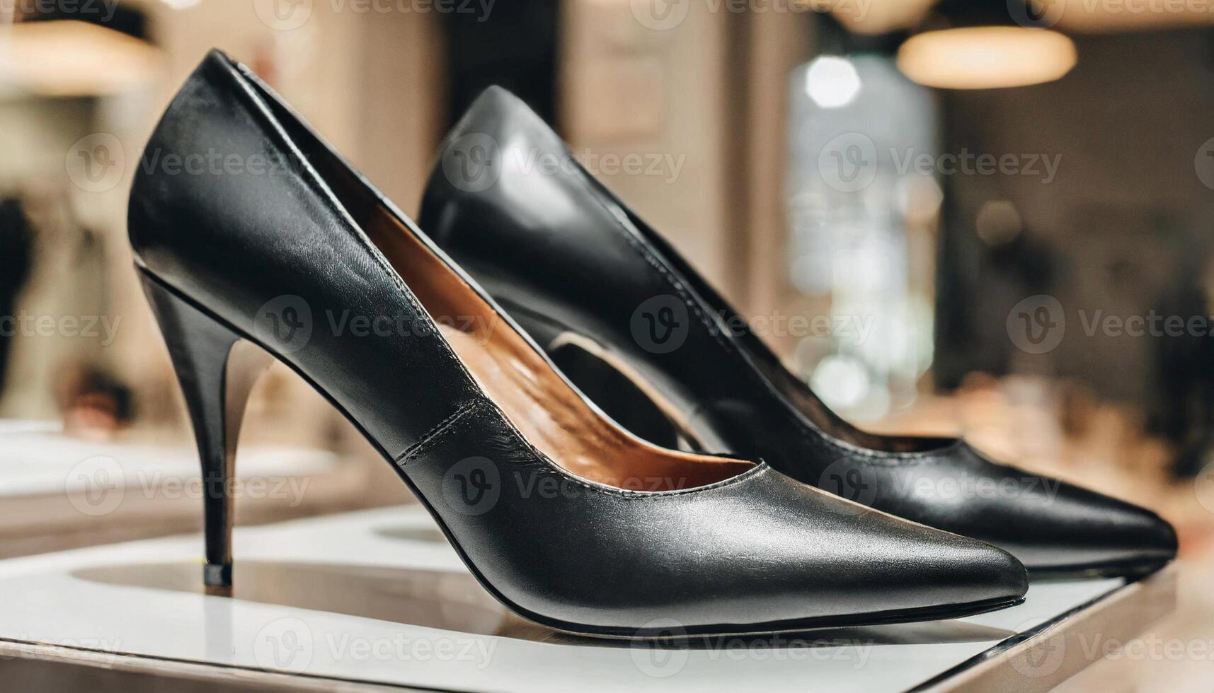 Black leather high heel shoes in store. Woman footwear. Fashion boutique. photo