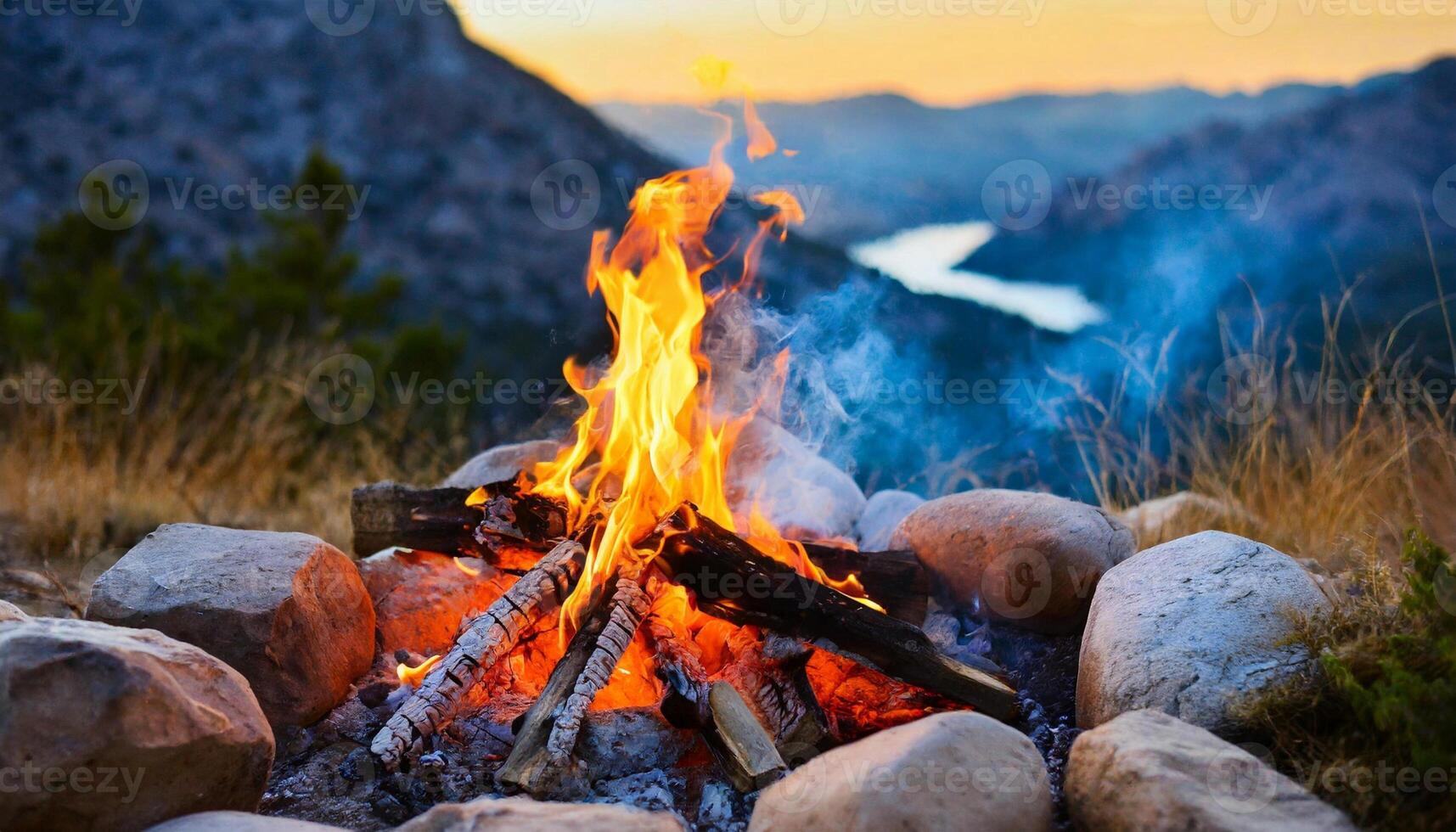 Campfire bonfire surrounded by rocks. Burning logs. Tongues of flame. Wood charcoal. Mountain landscape photo