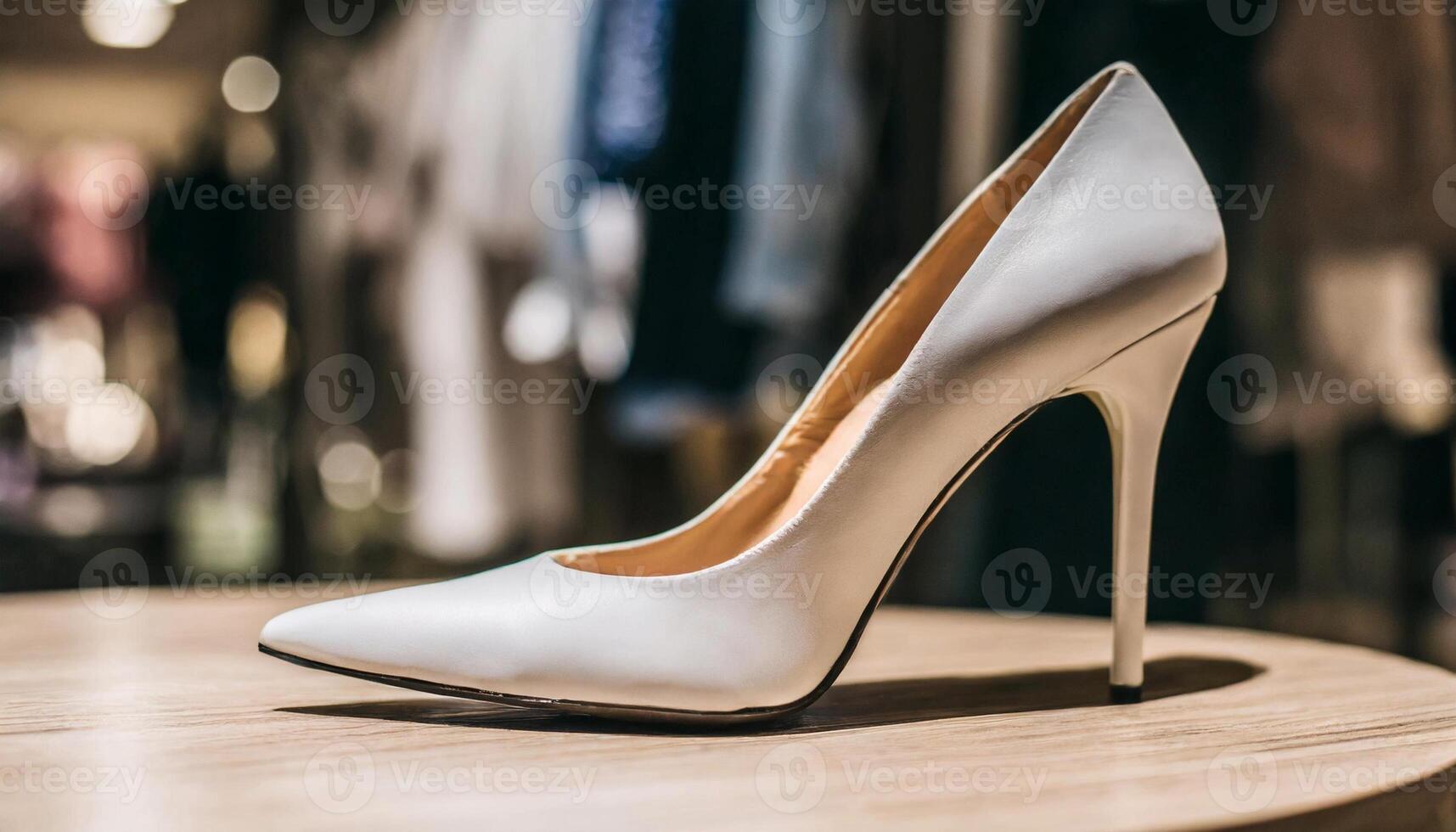 Stylish leather high heel shoes in store. Woman footwear. Fashion boutique. photo