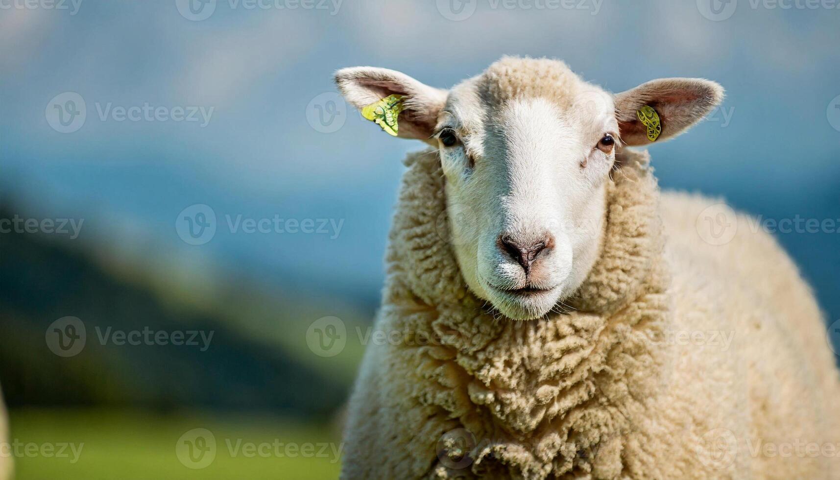 White fluffy sheep looking at camera. Young domestic animal. photo