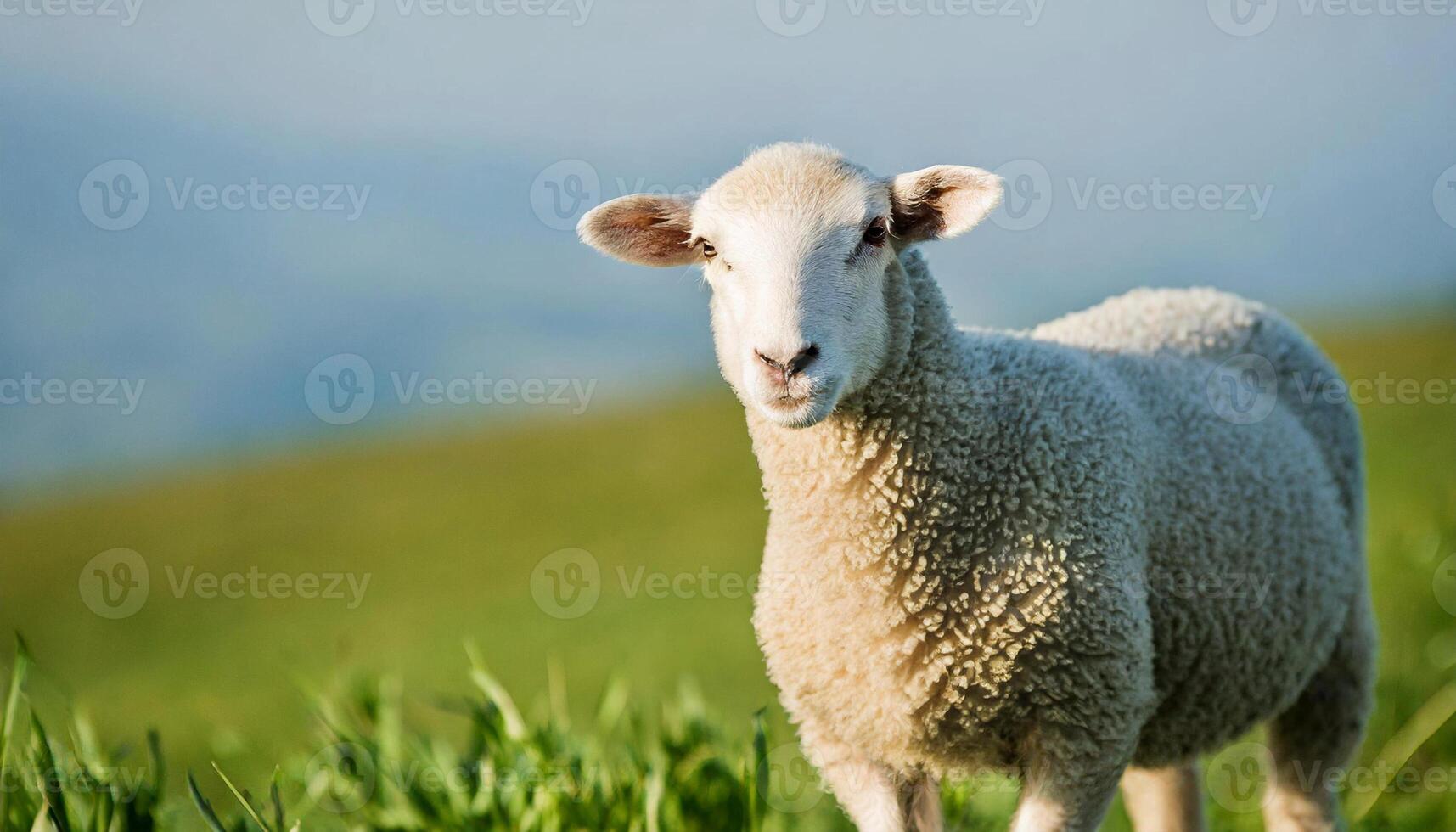 White fluffy sheep looking at camera. Young domestic animal. photo