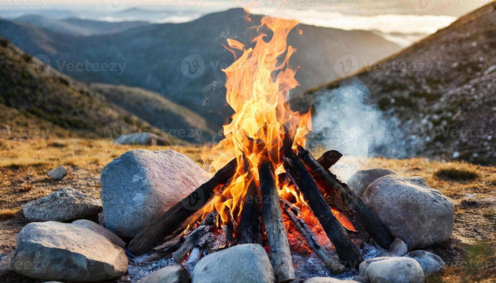 Campfire bonfire surrounded by rocks. Burning logs. Tongues of flame. Wood charcoal. Mountain landscape photo