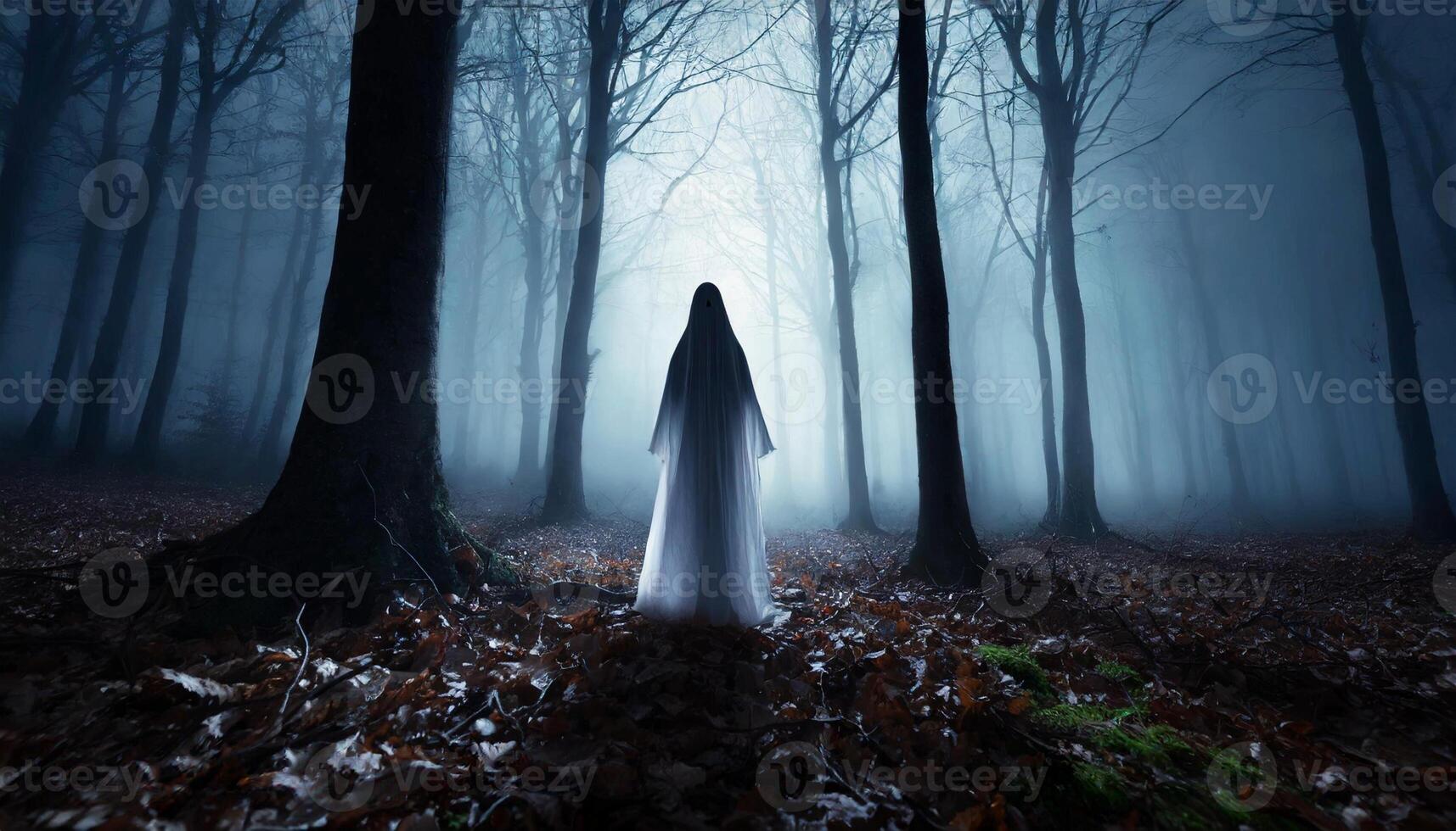 Ghost in the dark scary woods. Human silhouette walking in forest. photo
