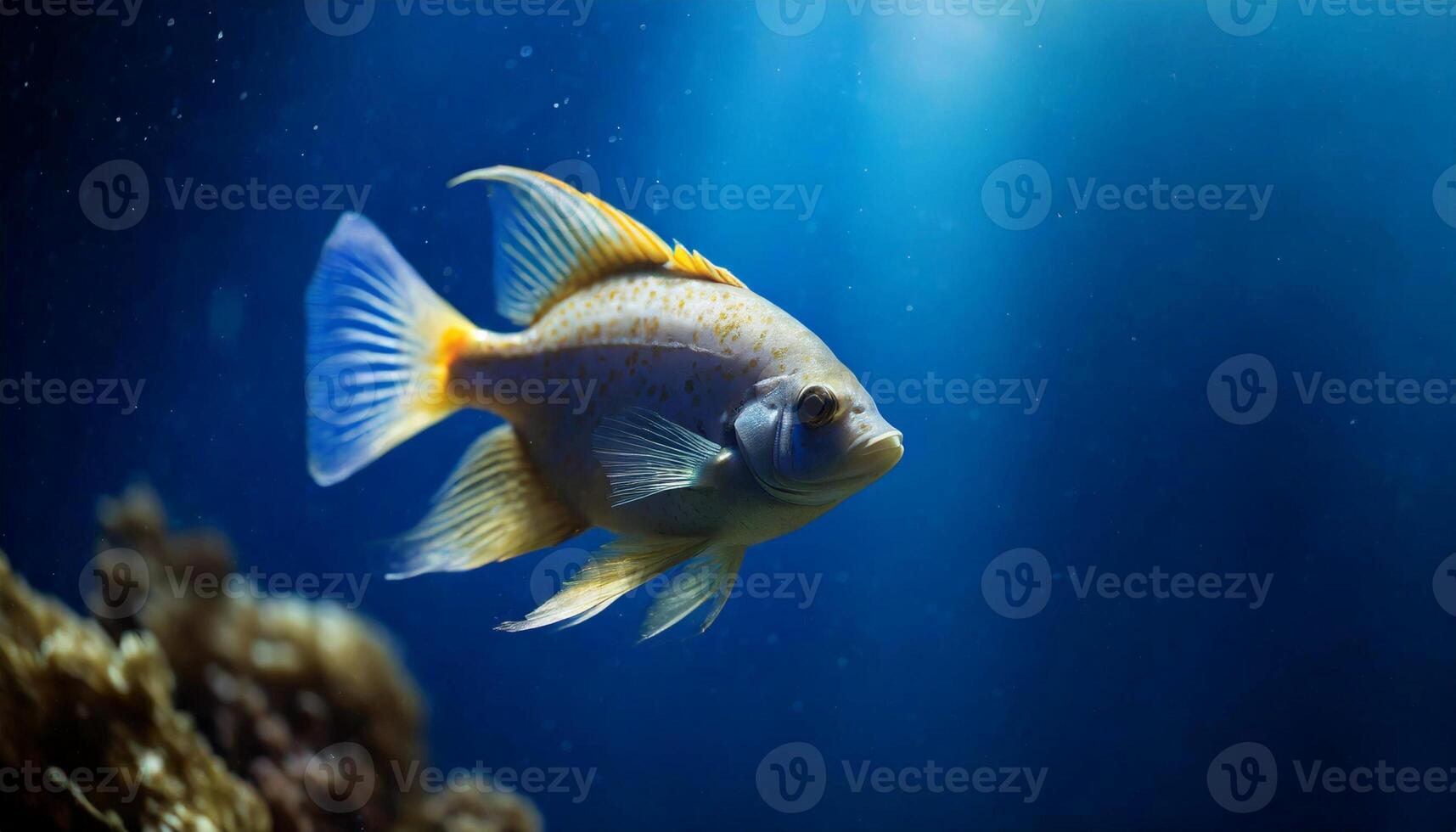 Fish swimming in the depths of the ocean. Sea creature in dark water. photo