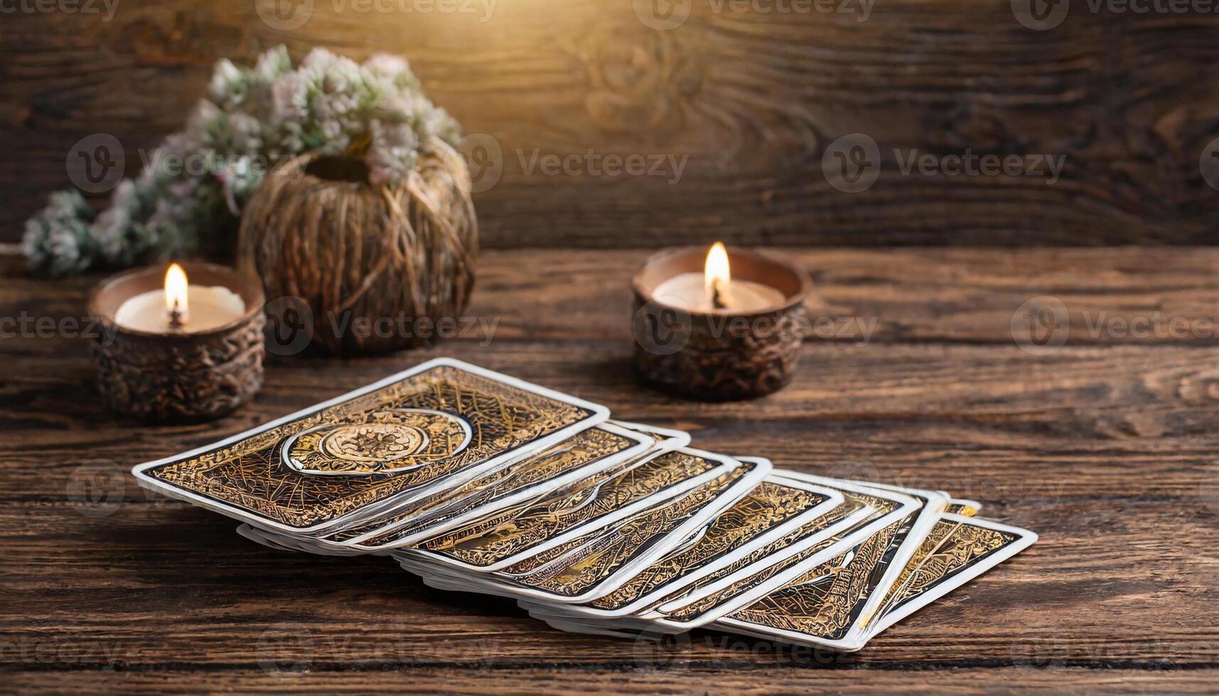 Tarot cards, candles and flowers on wooden table. Fortune telling. photo
