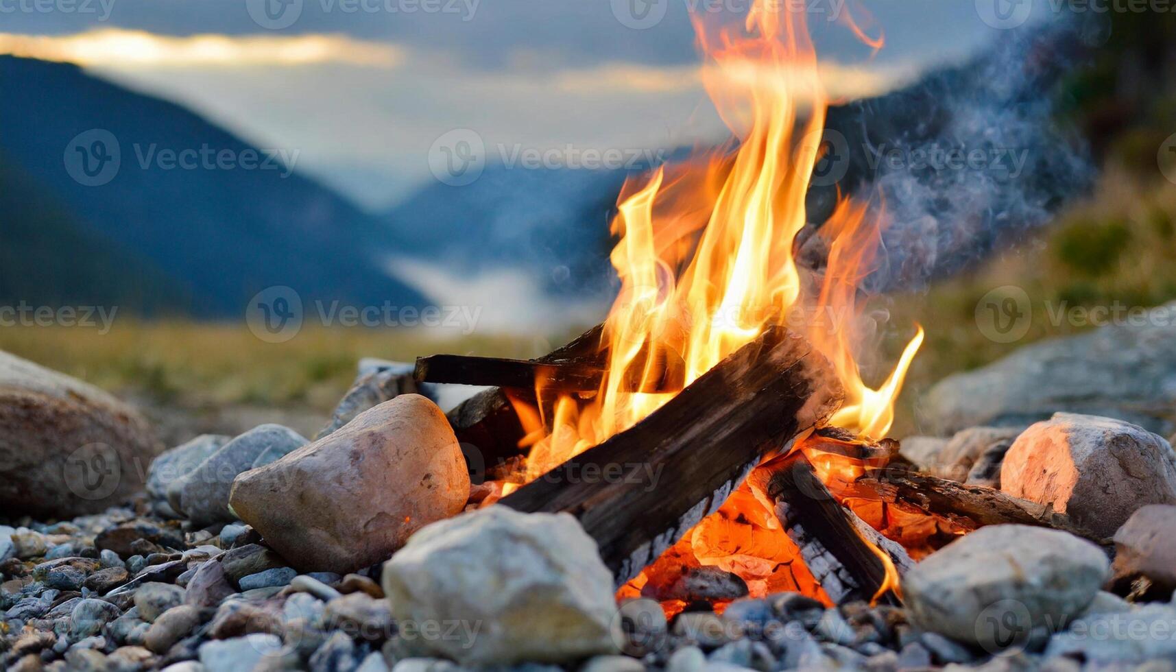 Campfire bonfire surrounded by rocks. Burning logs. Tongues of flame. Wood charcoal. Natural mountain landscape photo