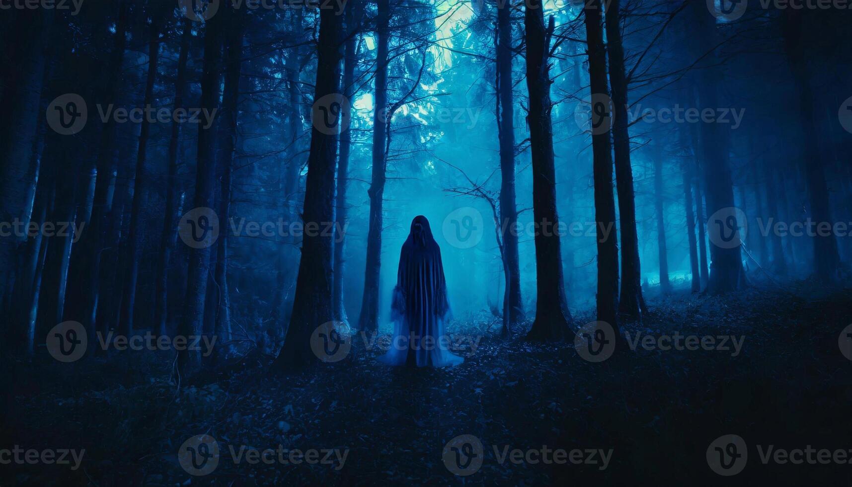 Ghost in the dark scary woods. Human silhouette walking in forest. photo