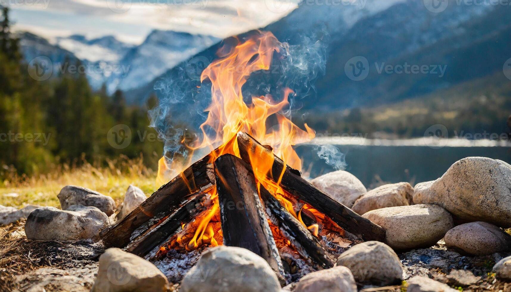 Campfire bonfire surrounded by rocks. Burning logs. Tongues of flame. Wood charcoal. Mountain landscape photo