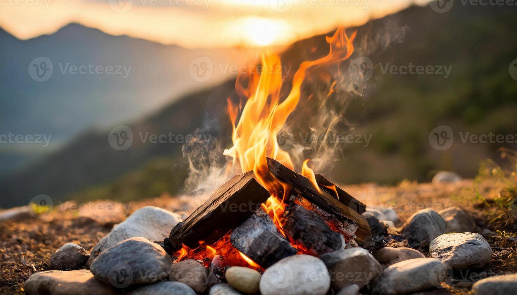 Campfire bonfire surrounded by rocks. Burning logs. Tongues of flame. Wood charcoal. Natural mountain landscape photo