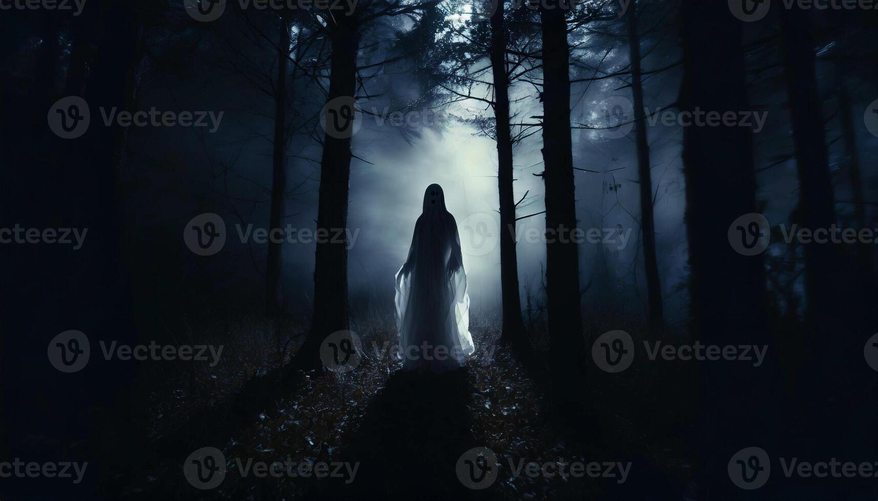 Ghost in the dark scary woods. Human silhouette walking in forest. photo