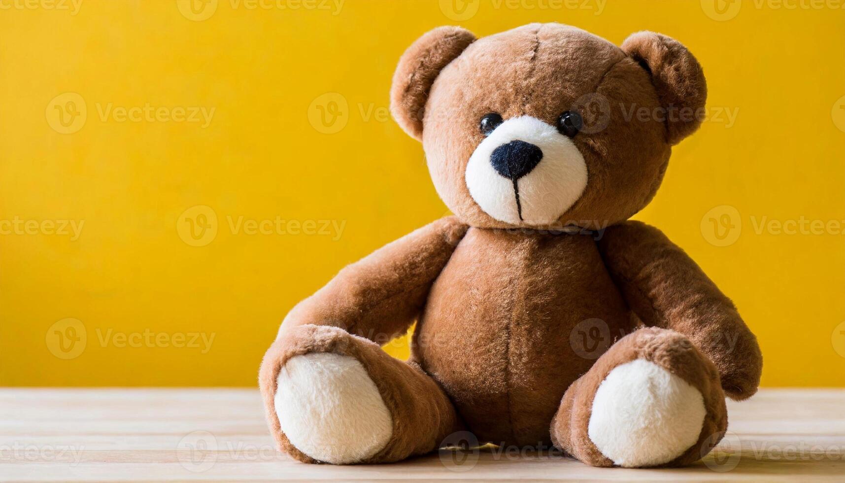Beautiful brown bear, wool toy sitting, bright yellow backdrop. photo