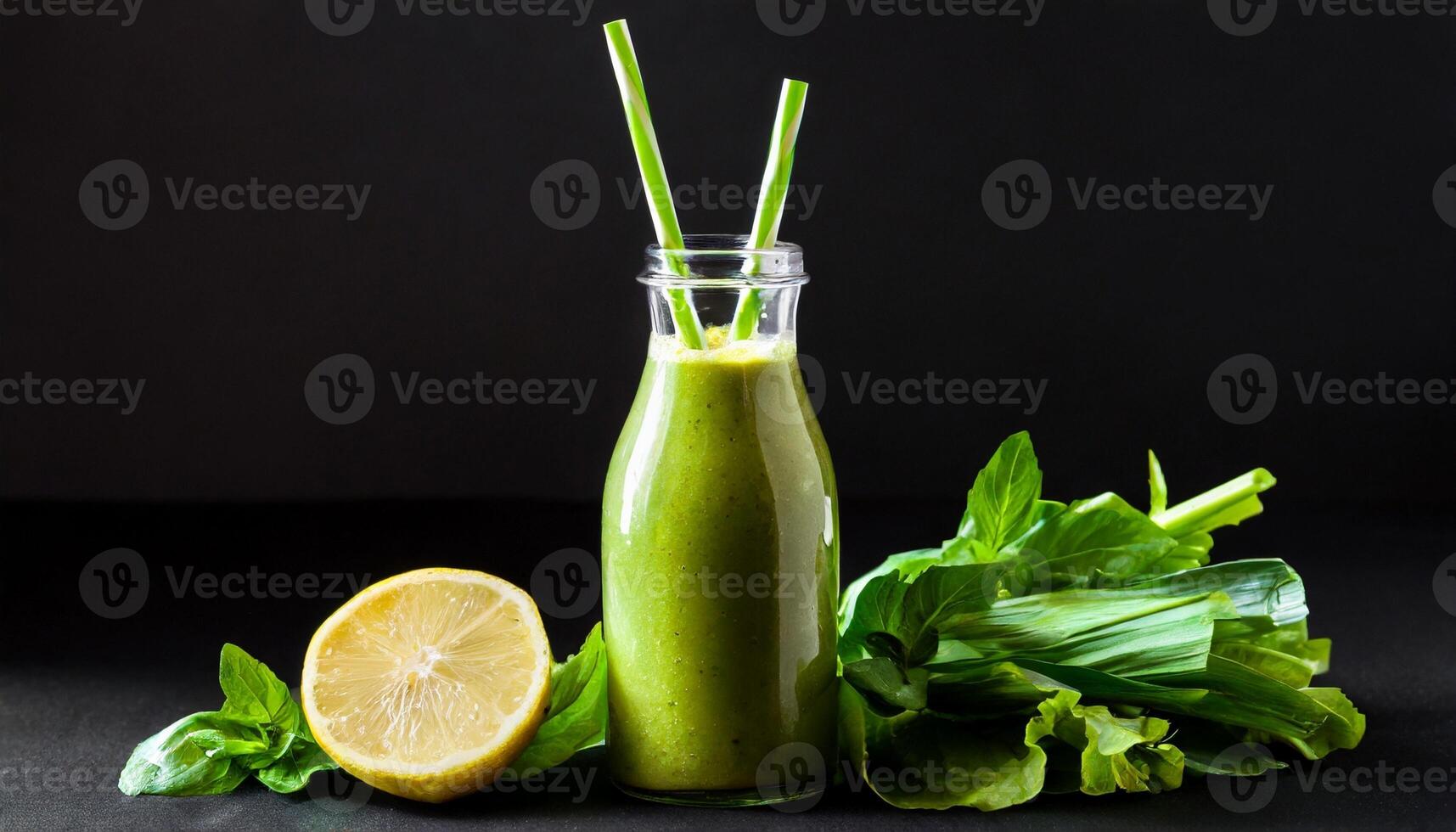 Green smoothie in glass bottle with paper straws, half of lemon and leaves. Tasty and healthy drink. photo
