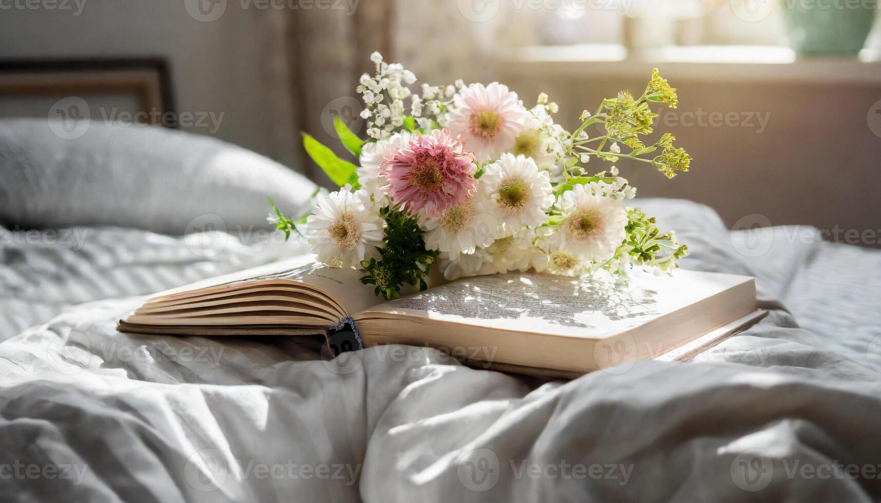 Open book with bouquet of flowers on messy bed. photo