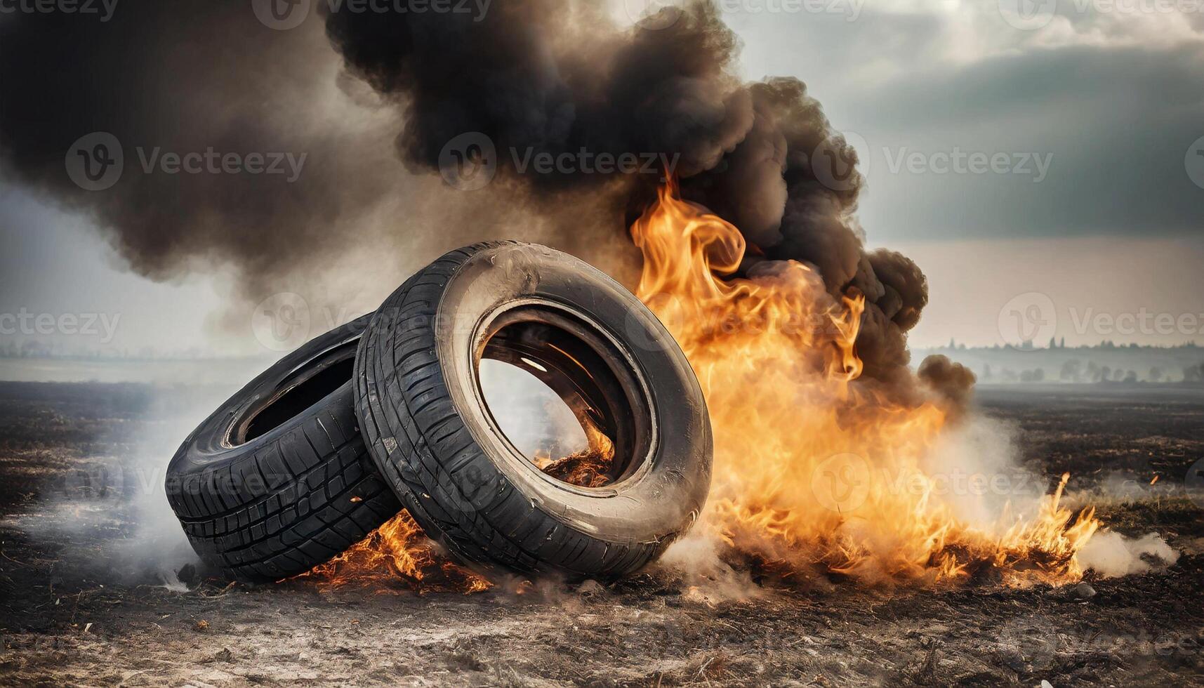 Burning old car tires with dark toxic smoke. Hot flame. photo