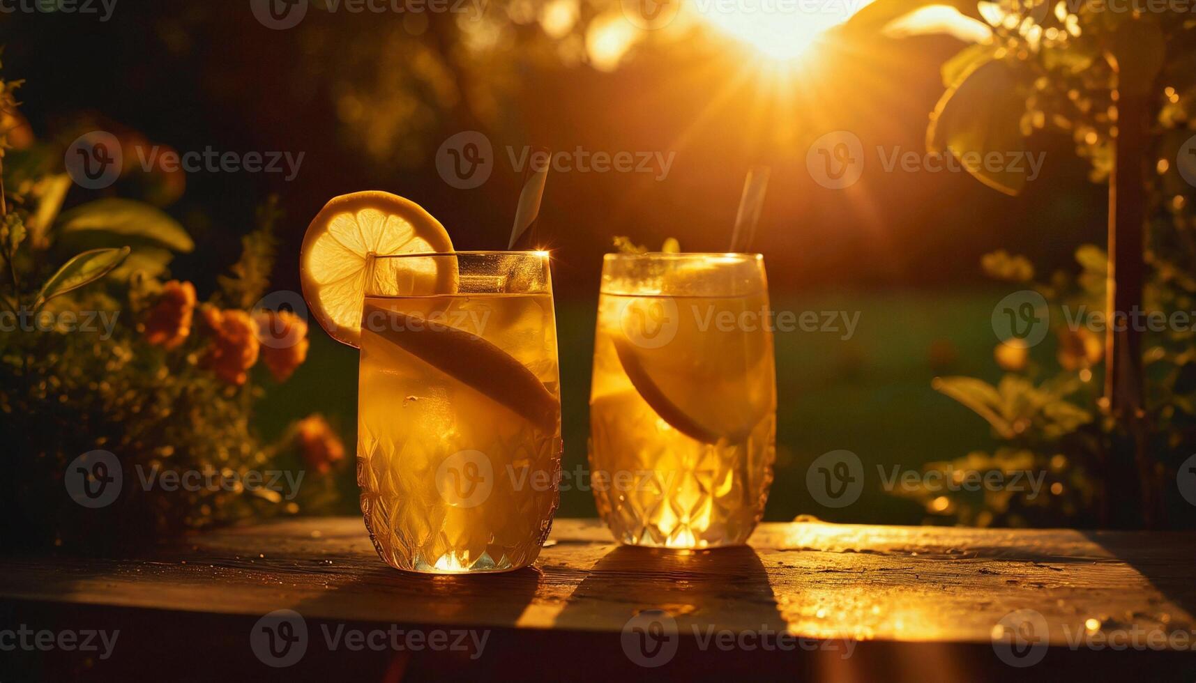 Two glasses of lemonade on wooden table in garden. Tasty and refreshing summer drink. photo