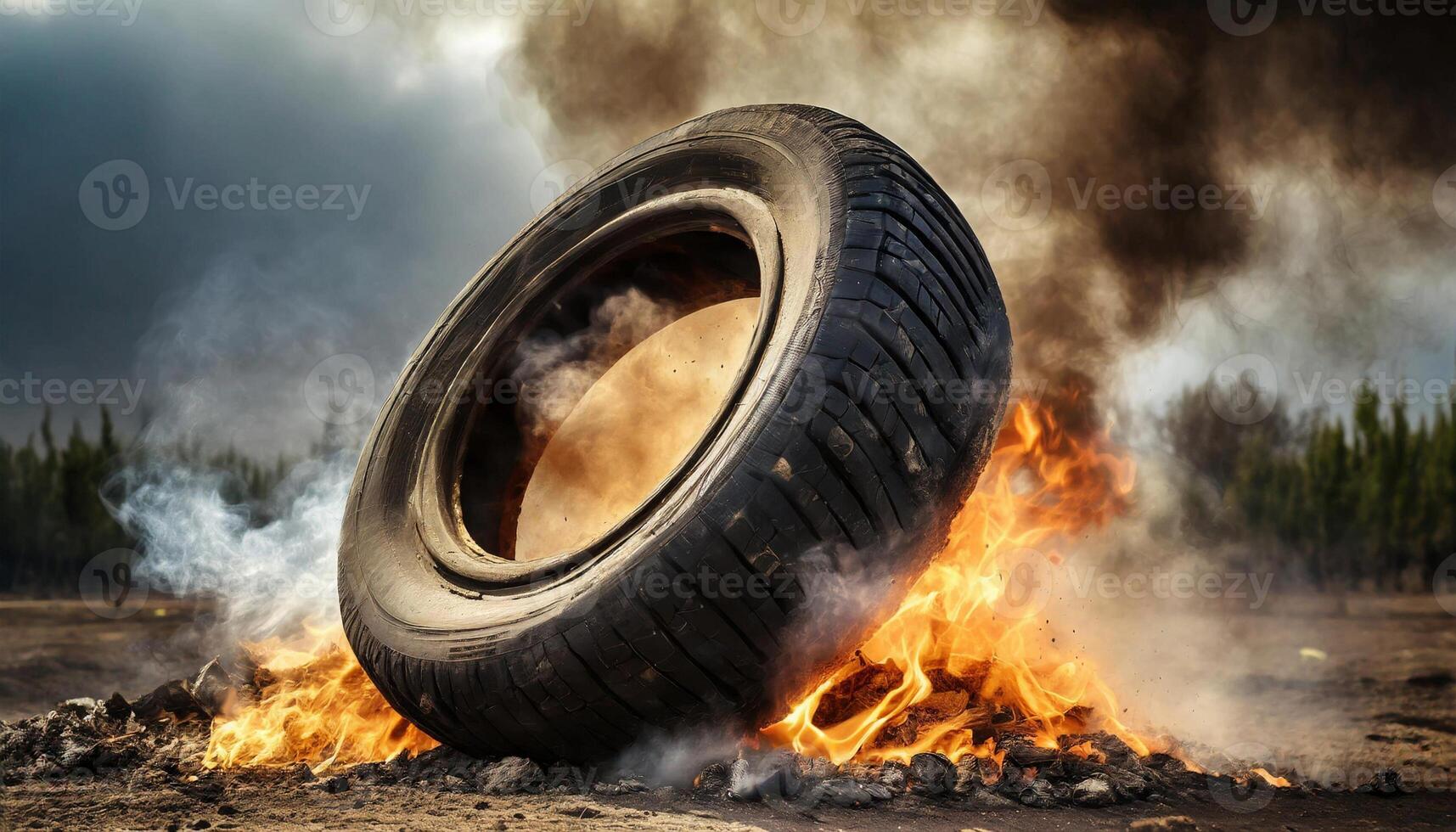 Burning old car tires with dark toxic smoke. Hot flame. photo