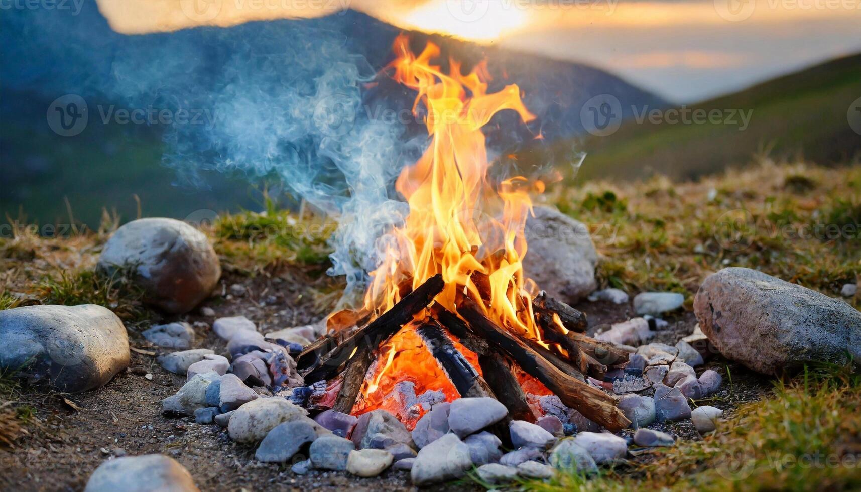 Campfire bonfire surrounded by rocks. Burning logs. Tongues of flame. Wood charcoal. Natural mountain landscape photo