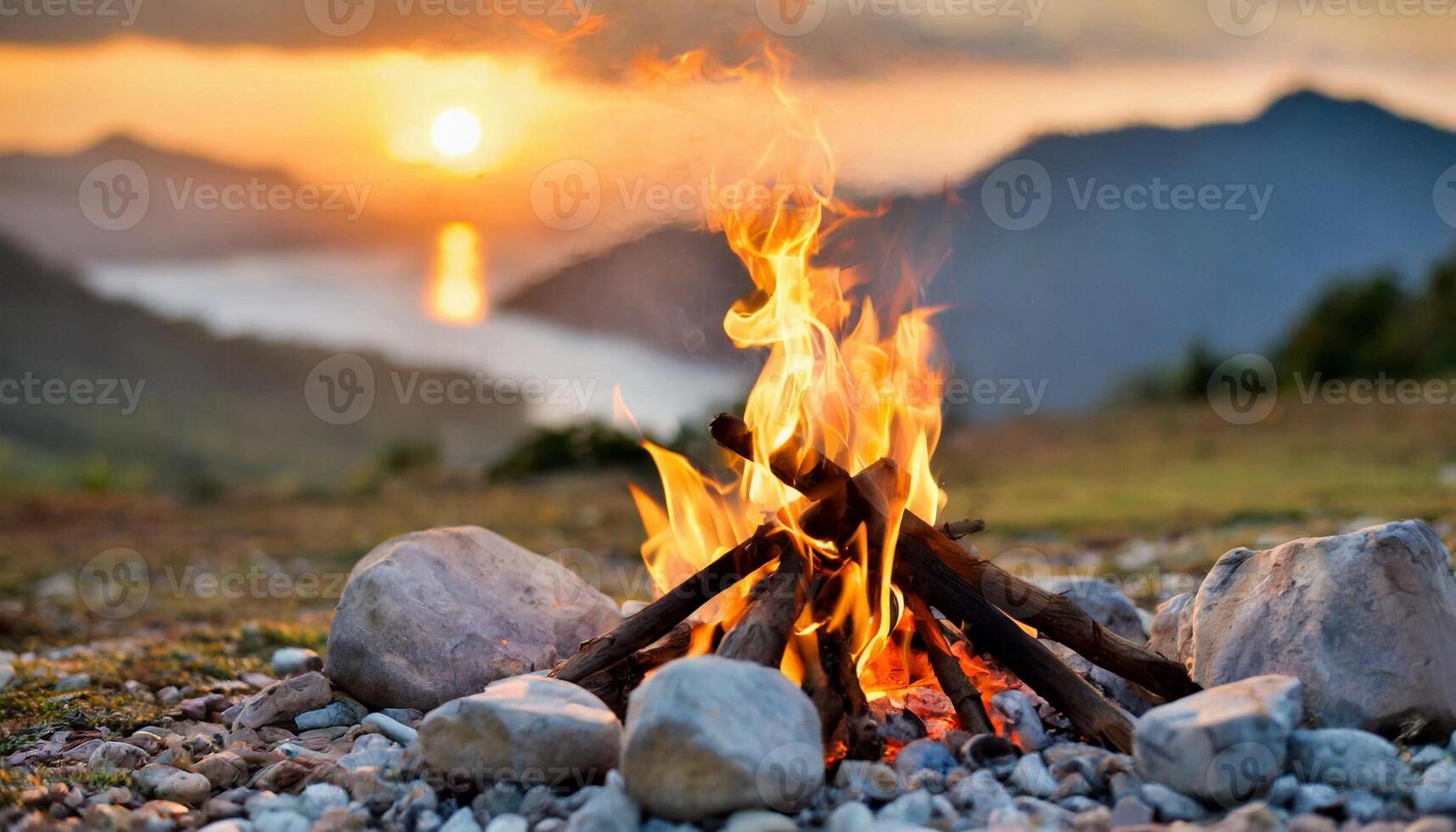 Campfire bonfire surrounded by rocks. Burning logs. Tongues of flame. Wood charcoal. Natural mountain landscape photo