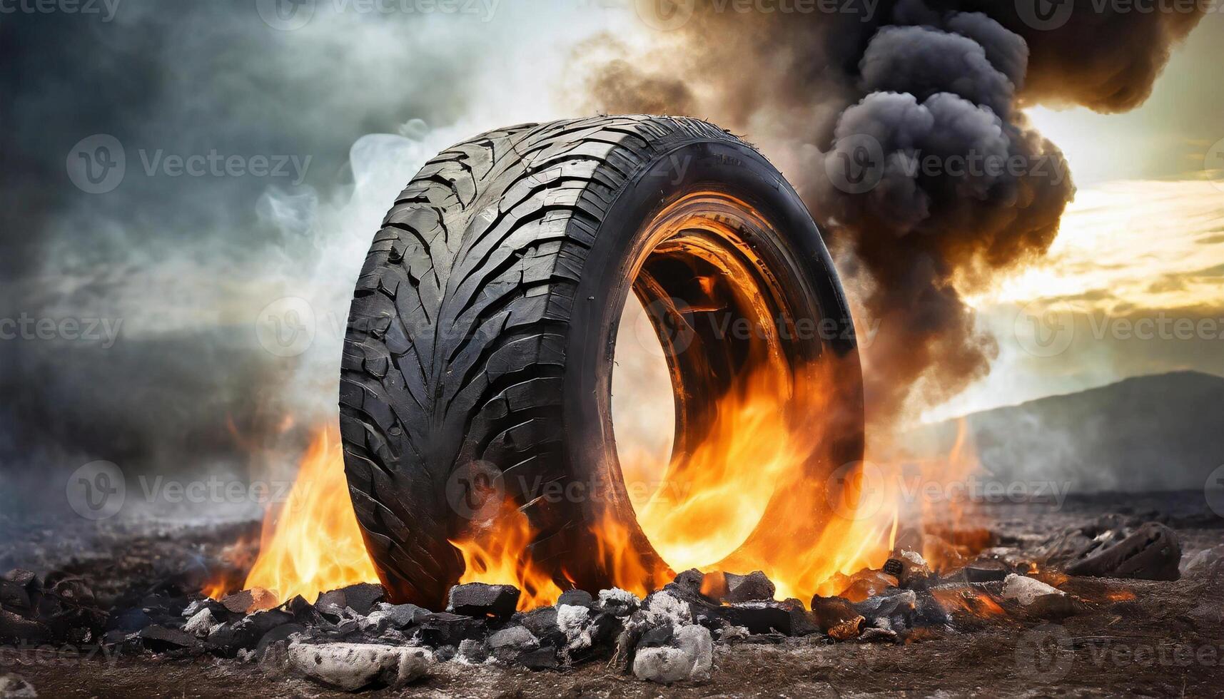Burning old car tires with dark toxic smoke. Hot flame. photo