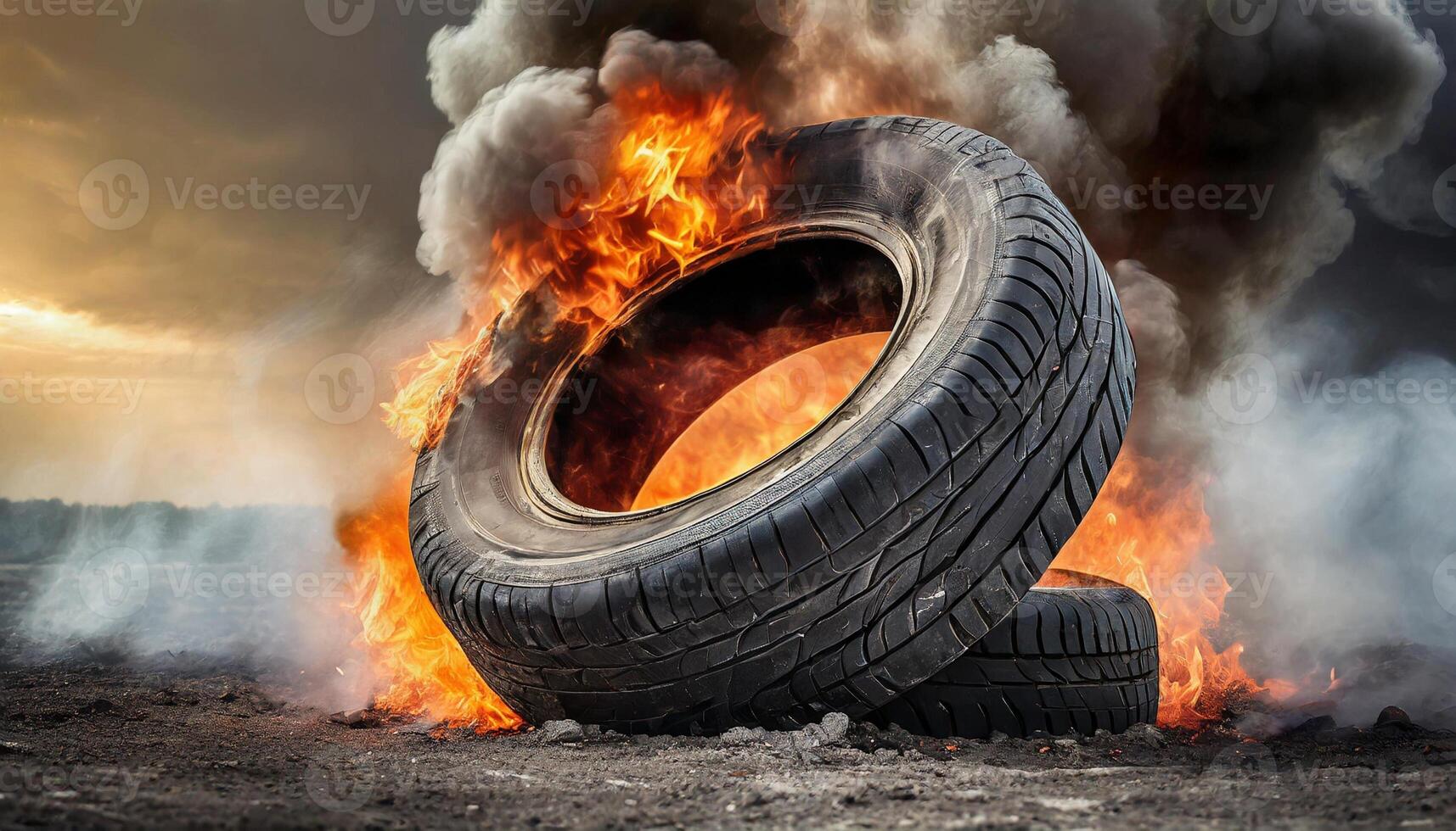 Burning old car tires with dark toxic smoke. Hot flame. photo