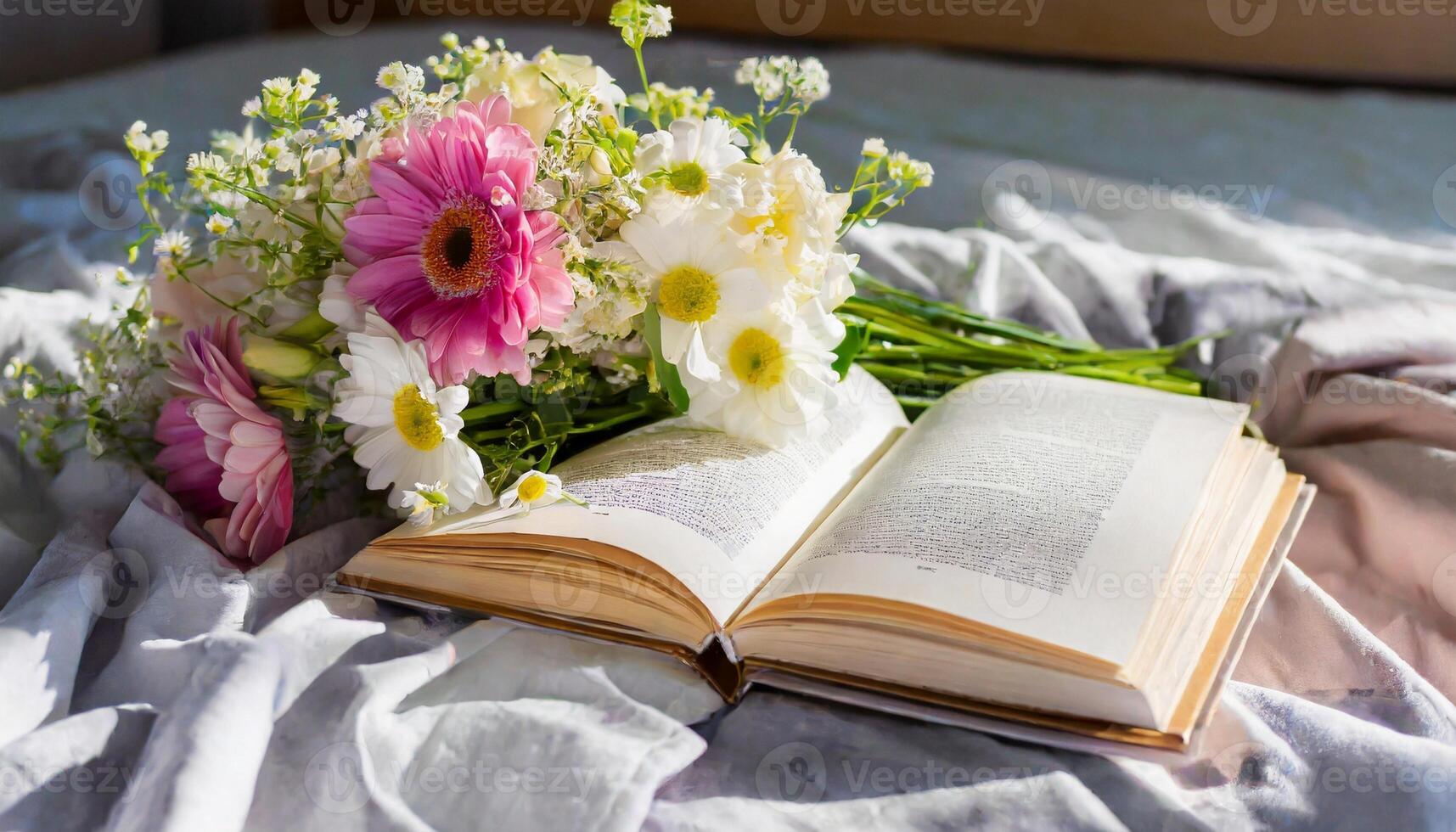 Open book with bouquet of flowers on messy bed. photo