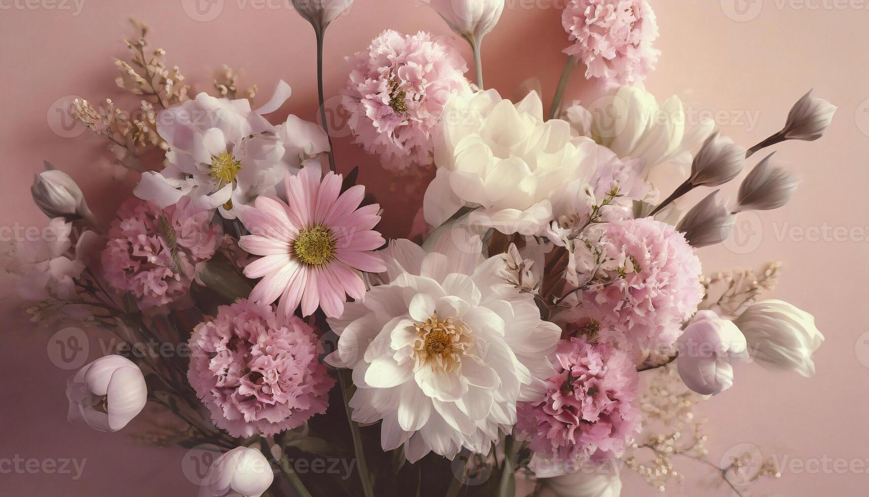 Beautiful spring flowers on light pink background. Top view photo