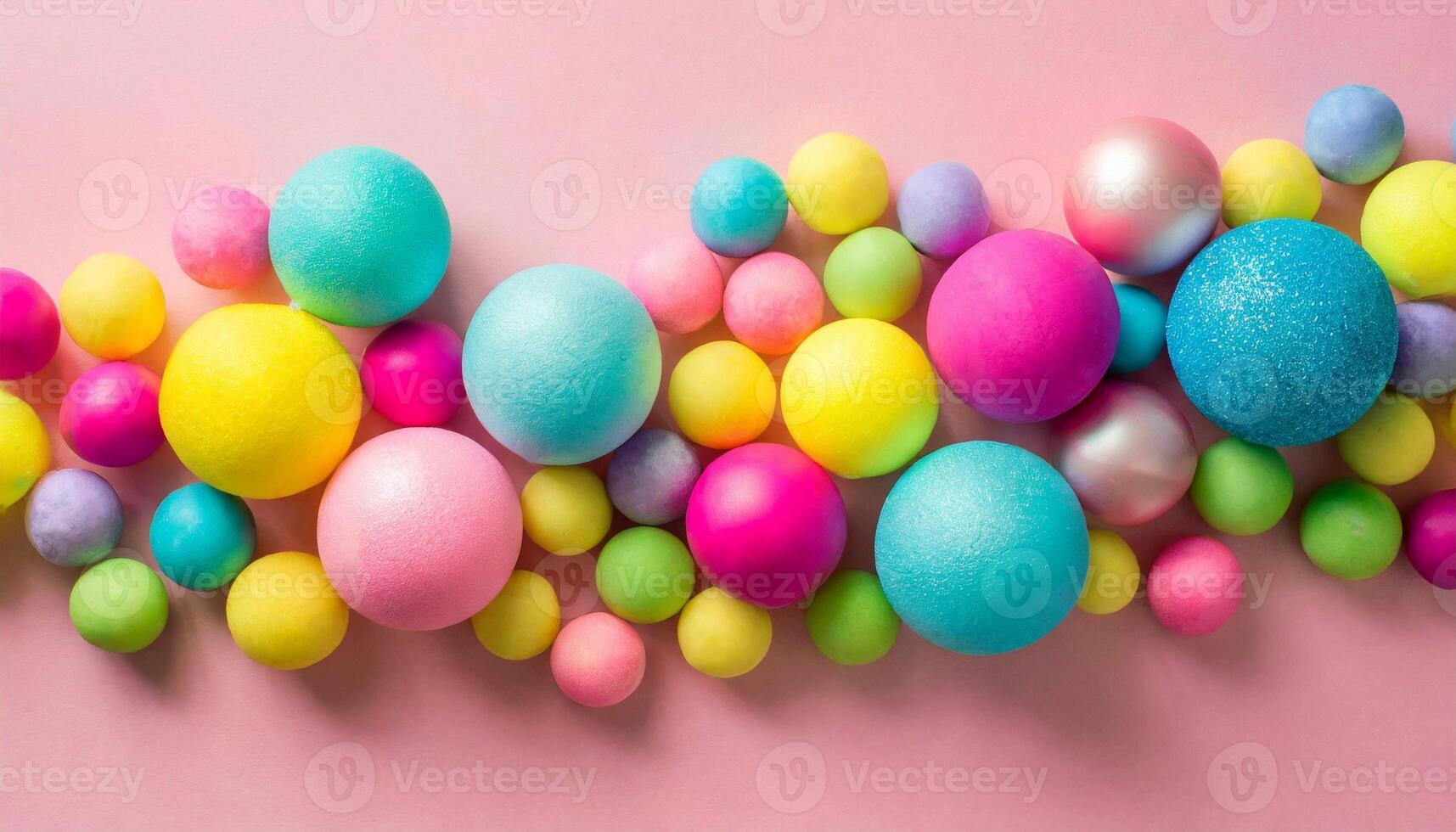 Heap of colorful pastel balls on pastel pink background. Creative and fun photo